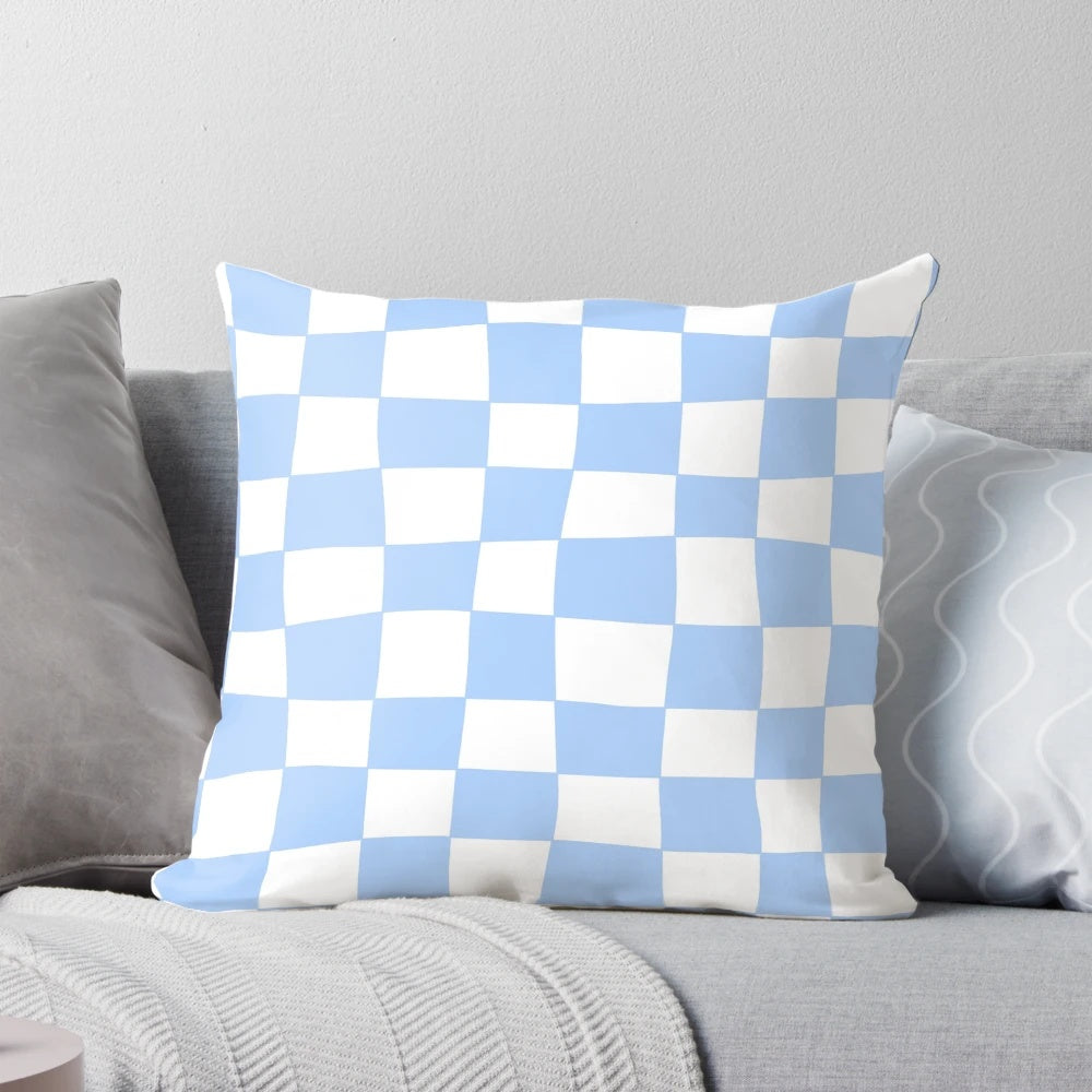 Sky blue and white hand-drawn checkerboard pattern pillow