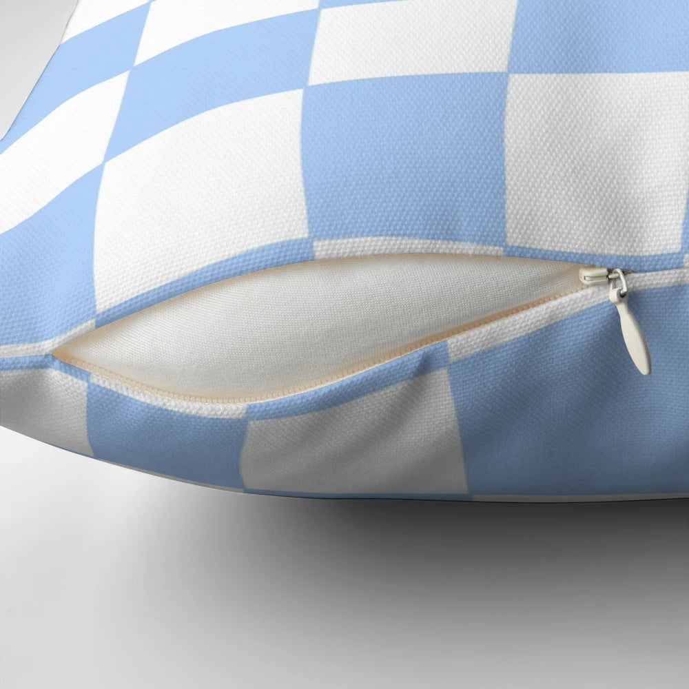 Sky blue and white hand-drawn checkerboard pattern pillow