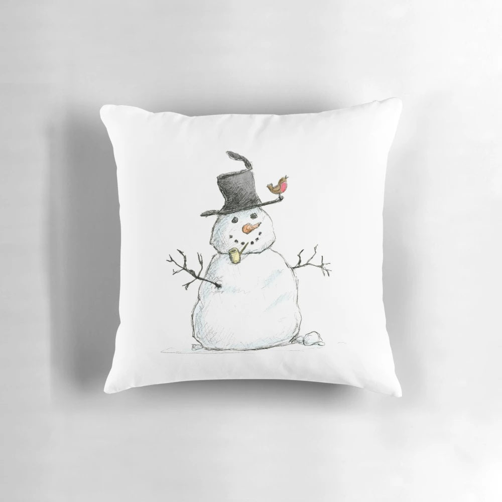 Soft, plush snowman throw pillow with hand-drawn details and a festive design.