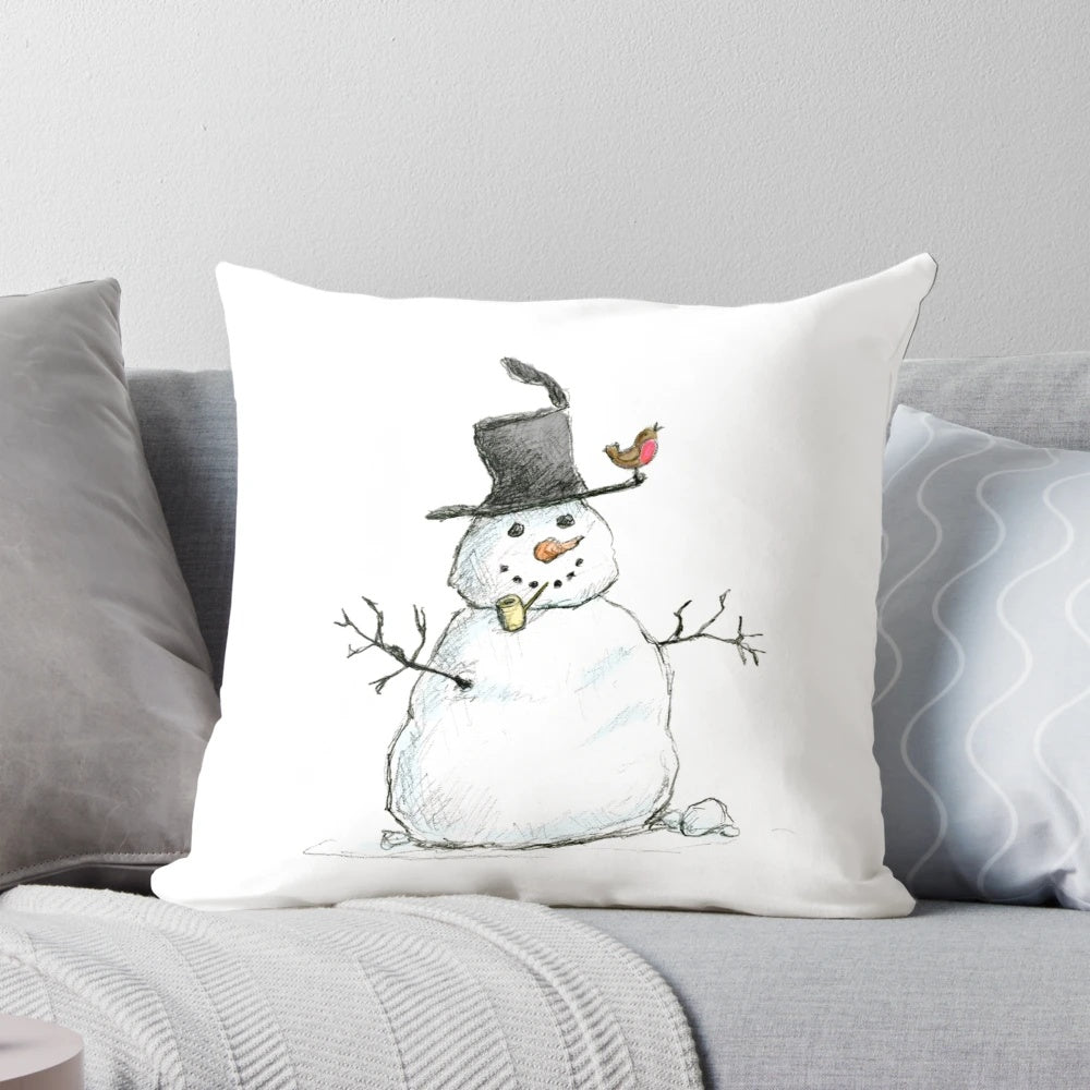 Soft, plush snowman throw pillow with hand-drawn details and a festive design.