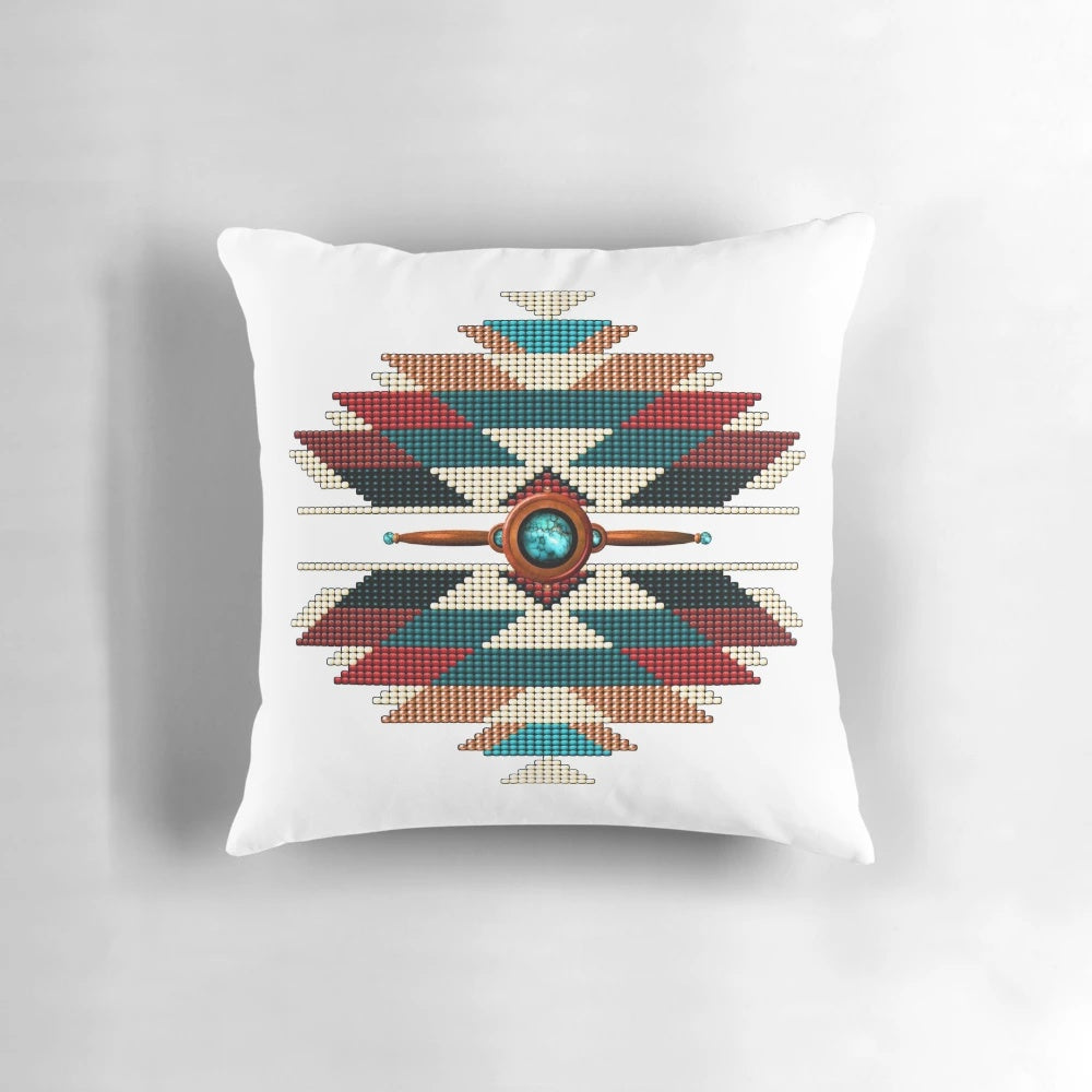 Handmade southwestern style decorative pillow with a sunburst beadwork design