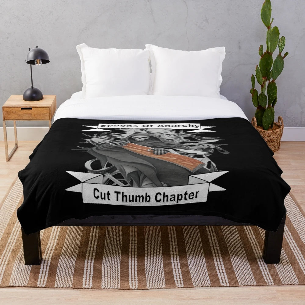 Cozy plush blanket featuring a spoon carving design