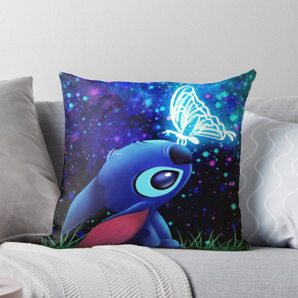 Handmade embroidered pillow featuring a stitch butterfly design against a starry night sky background.