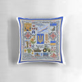 Handmade pillow featuring a cross-stitch design inspired by the Ukrainian resistance and President Zelenskyy.