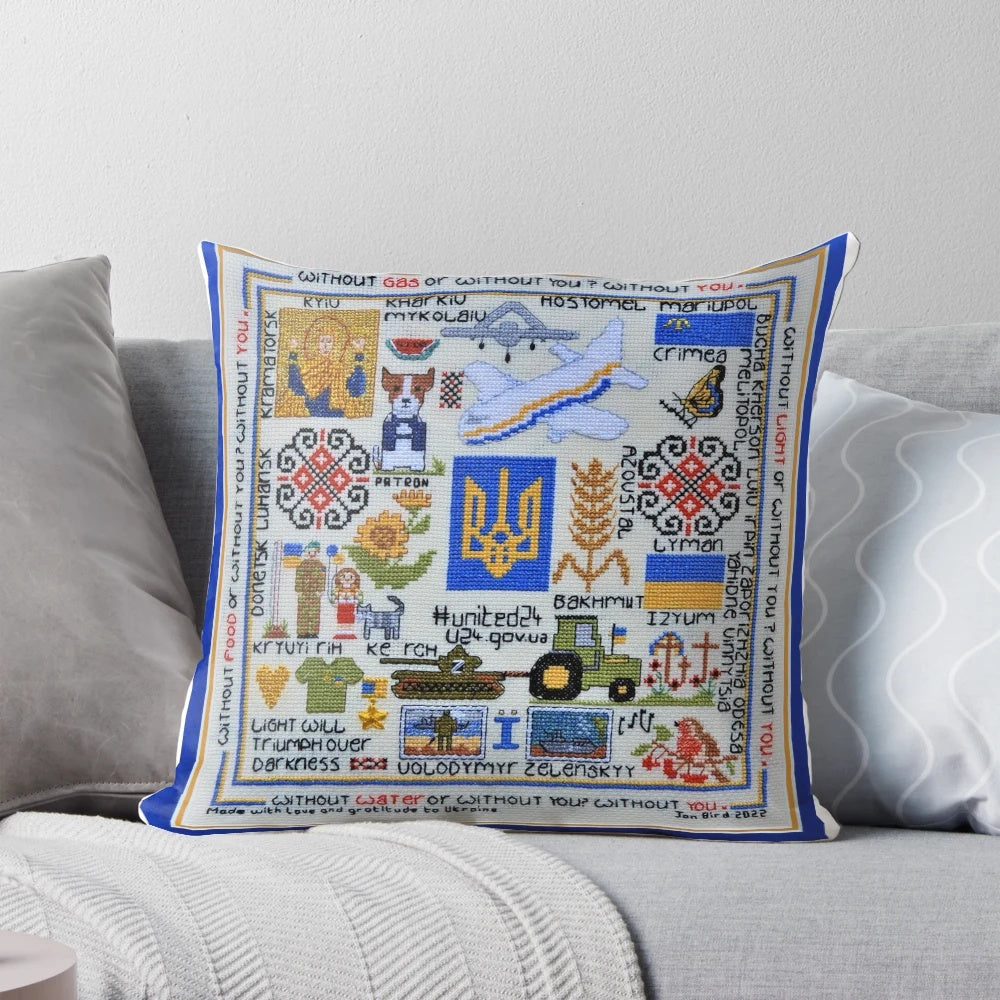 Handmade pillow featuring a cross-stitch design inspired by the Ukrainian resistance and President Zelenskyy.