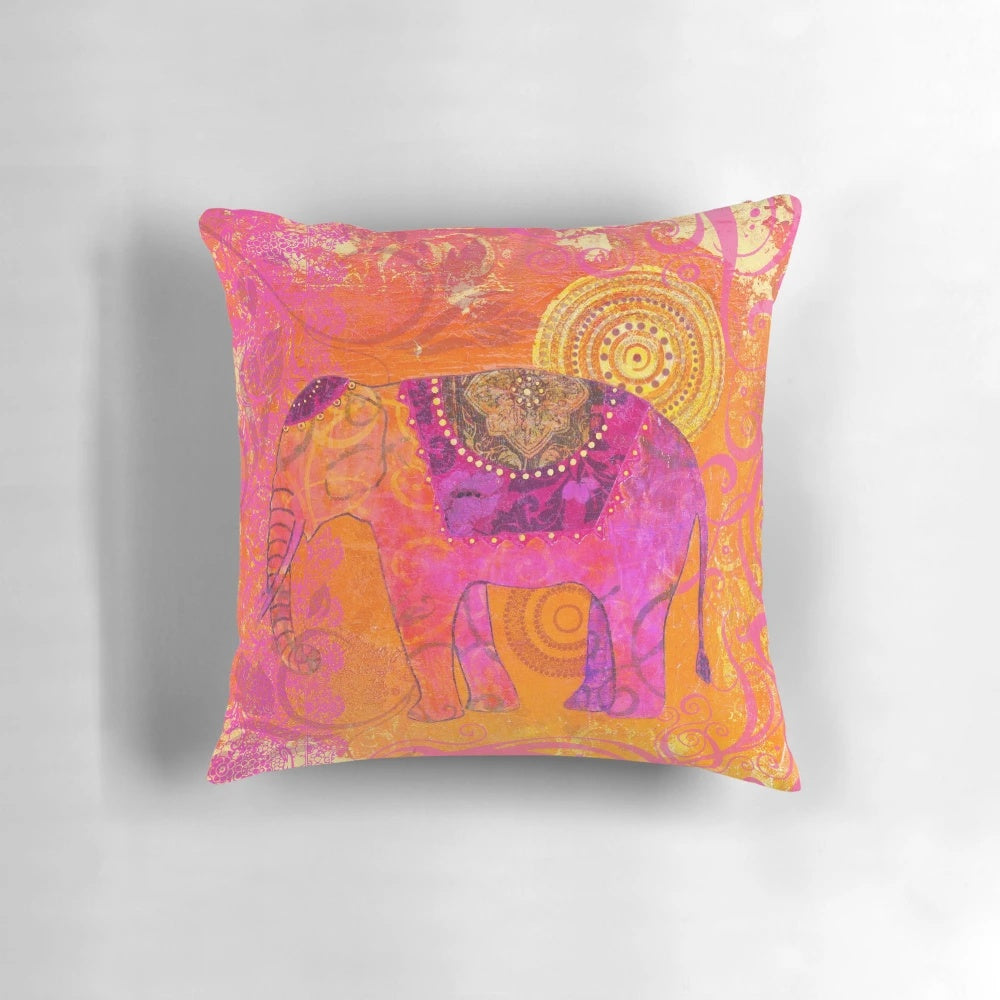 Colorful acrylic painting of happy elephant on handmade cushion for boho home