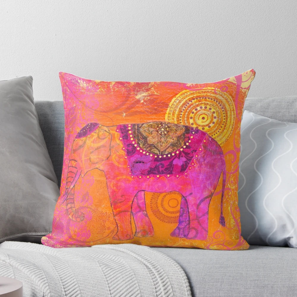 Colorful acrylic painting of happy elephant on handmade cushion for boho home