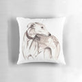 Watercolor painting of a greyhound, lurcher, and galgo dog breeds on a decorative throw pillow
