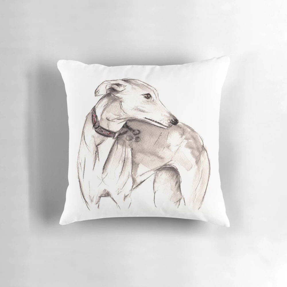 Watercolor painting of a greyhound, lurcher, and galgo dog breeds on a decorative throw pillow