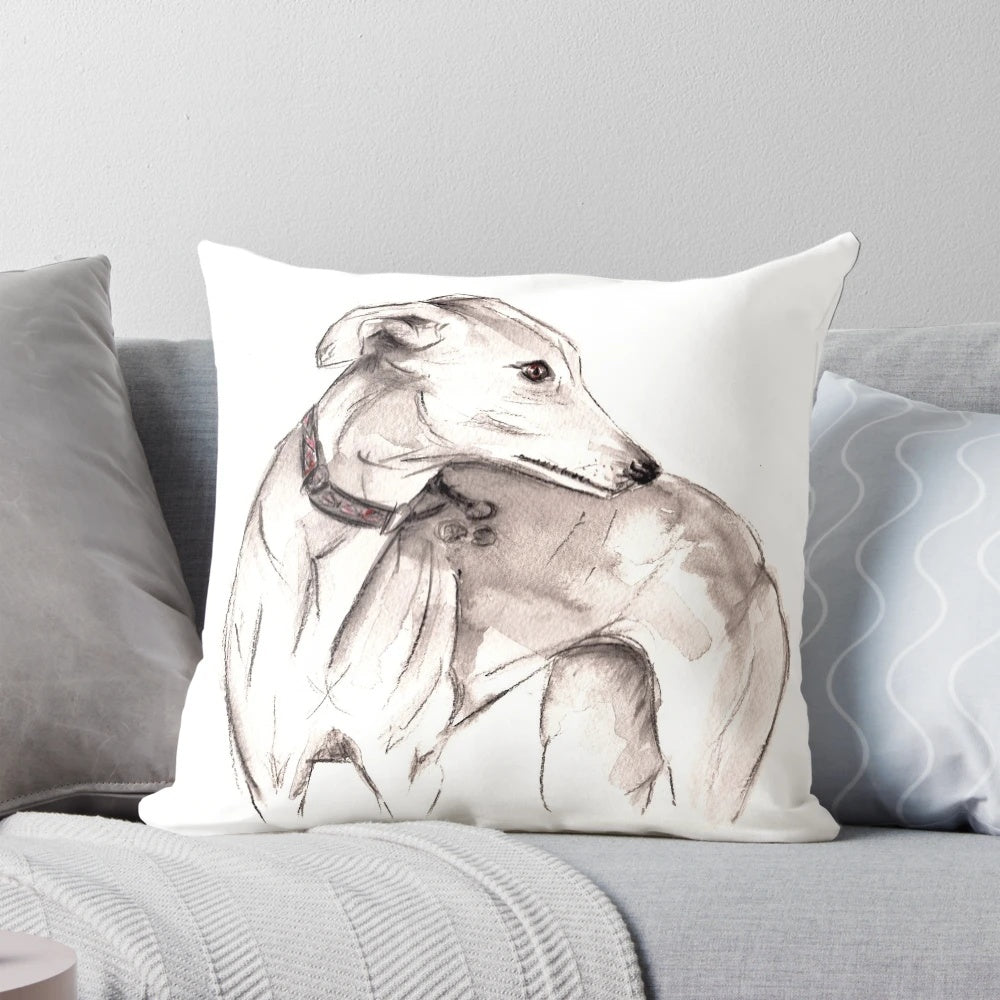 Watercolor painting of a greyhound, lurcher, and galgo dog breeds on a decorative throw pillow