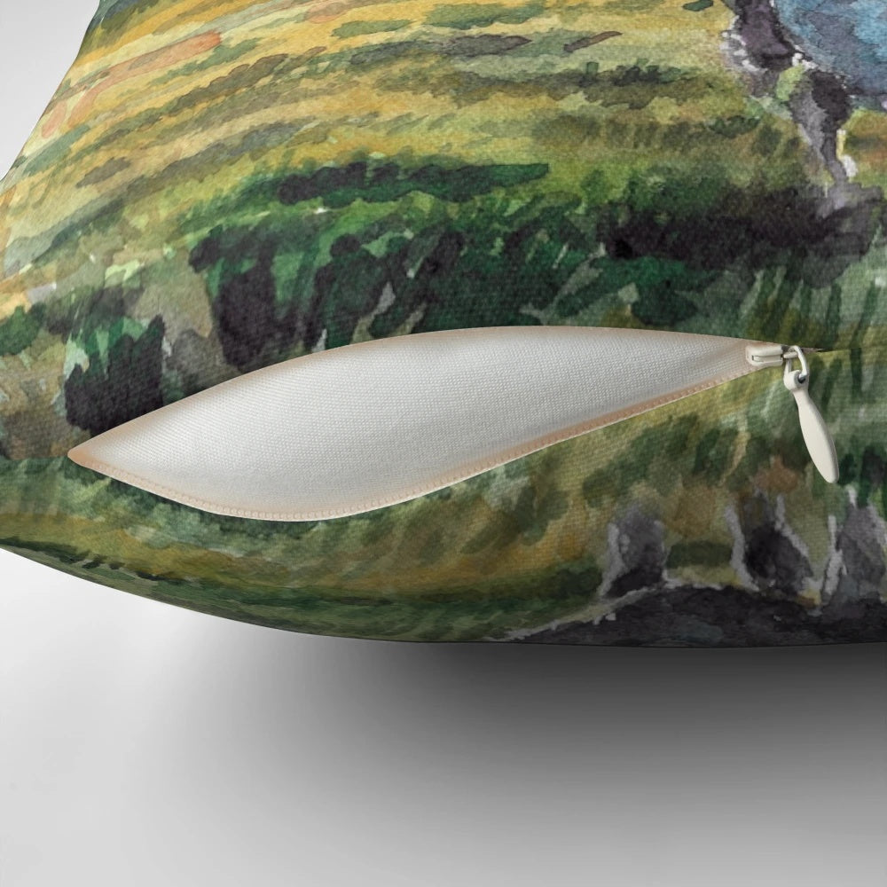 Vibrant watercolor illustration of a sheep on a cozy pillow, perfect for adding a touch of Irish charm to any space.