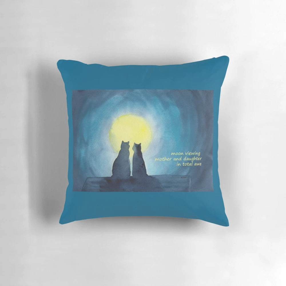 Watercolor painting of two cats silhouetted against a full moon, with a haiku poem