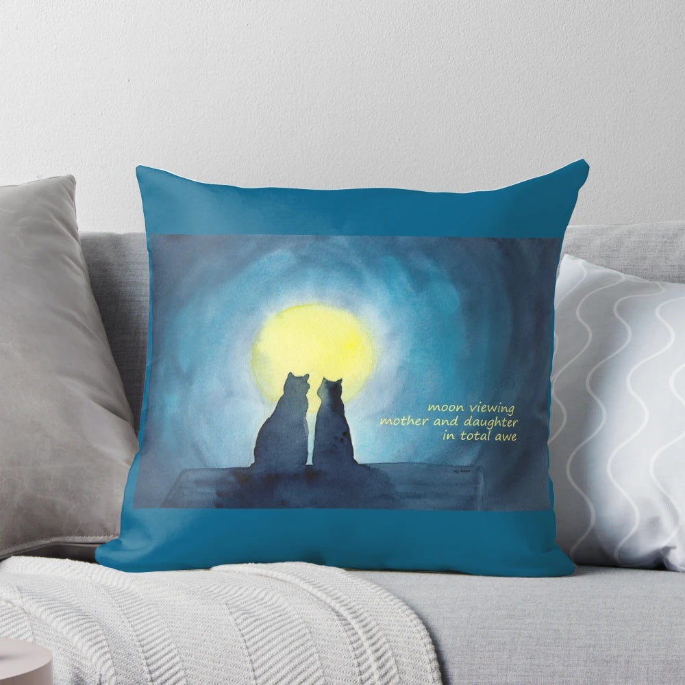 Watercolor painting of two cats silhouetted against a full moon, with a haiku poem