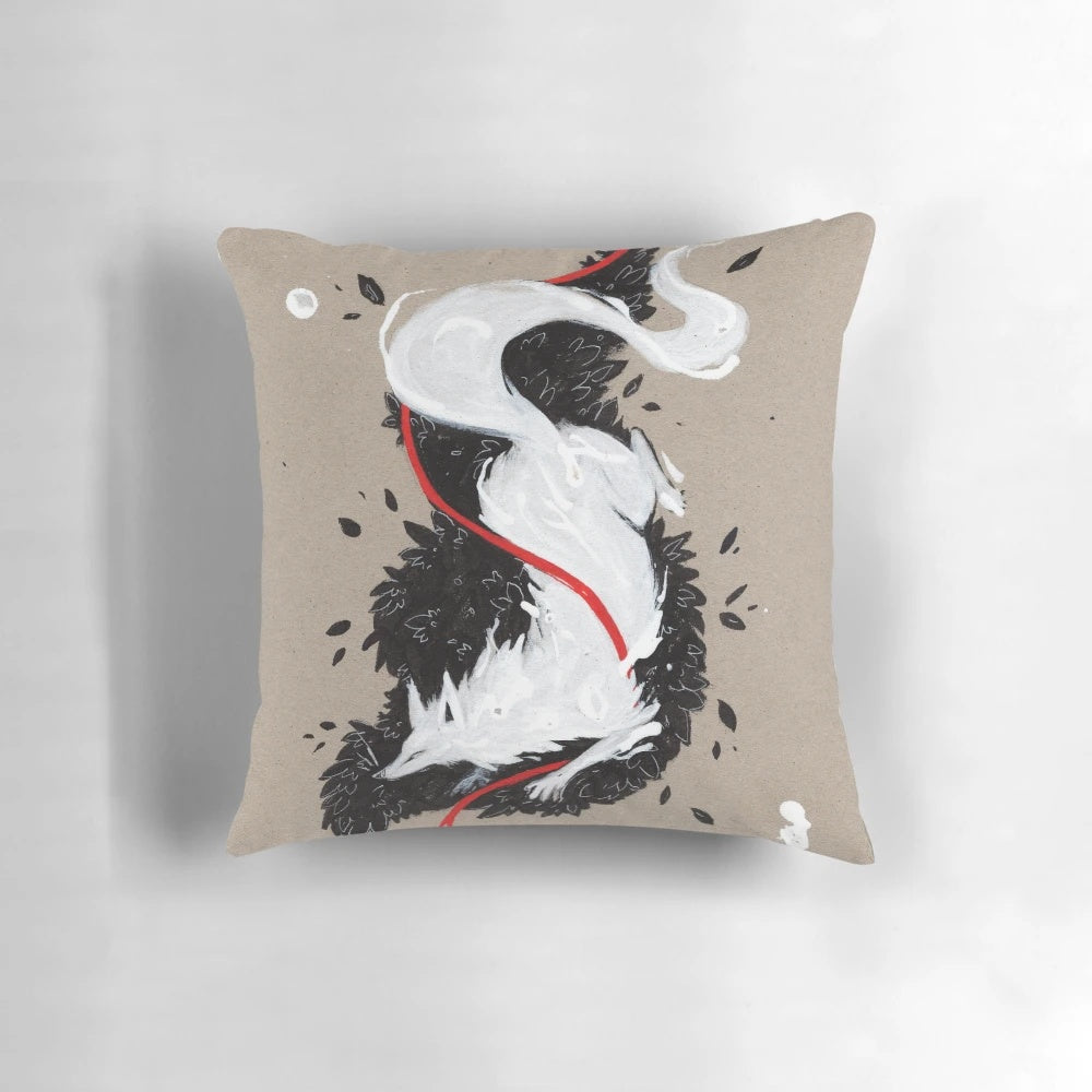 Handmade white fox ribbon design throw pillow with embroidered details
