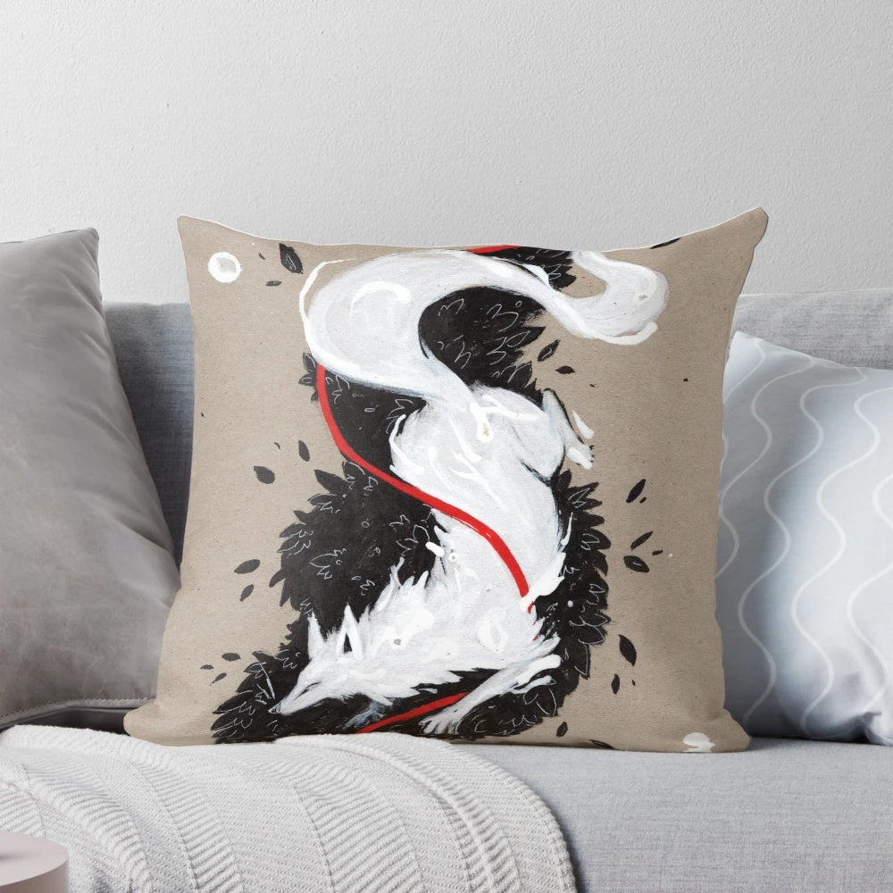 Handmade white fox ribbon design throw pillow with embroidered details