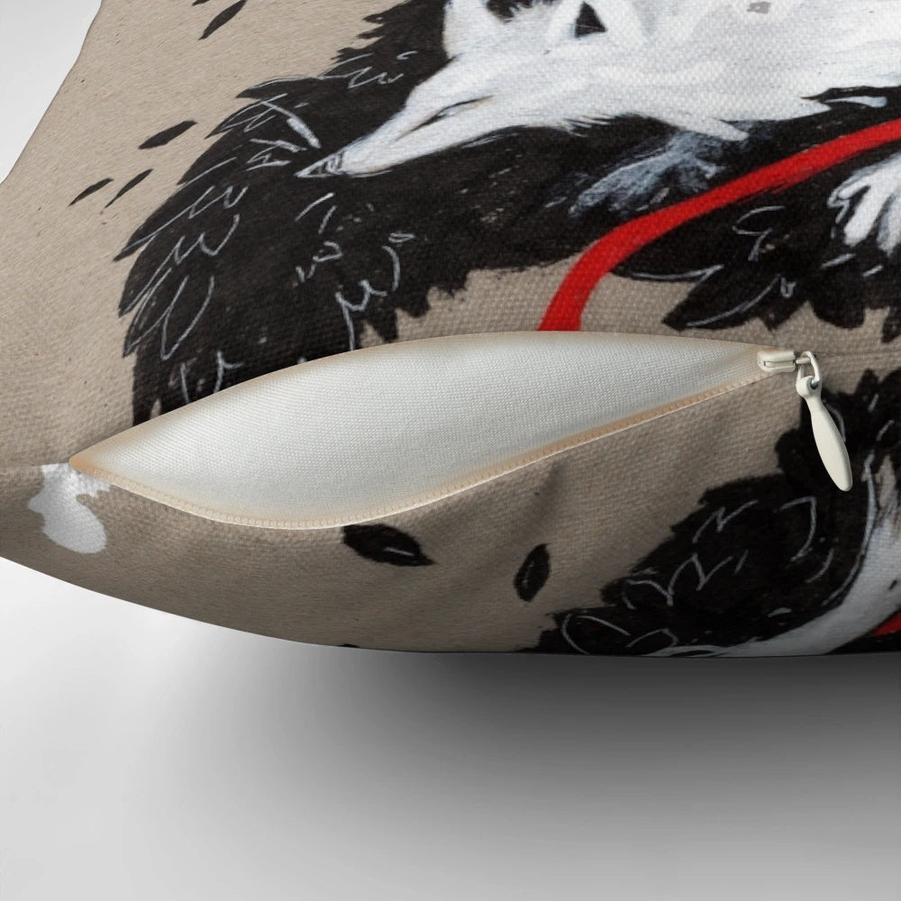 Handmade white fox ribbon design throw pillow with embroidered details