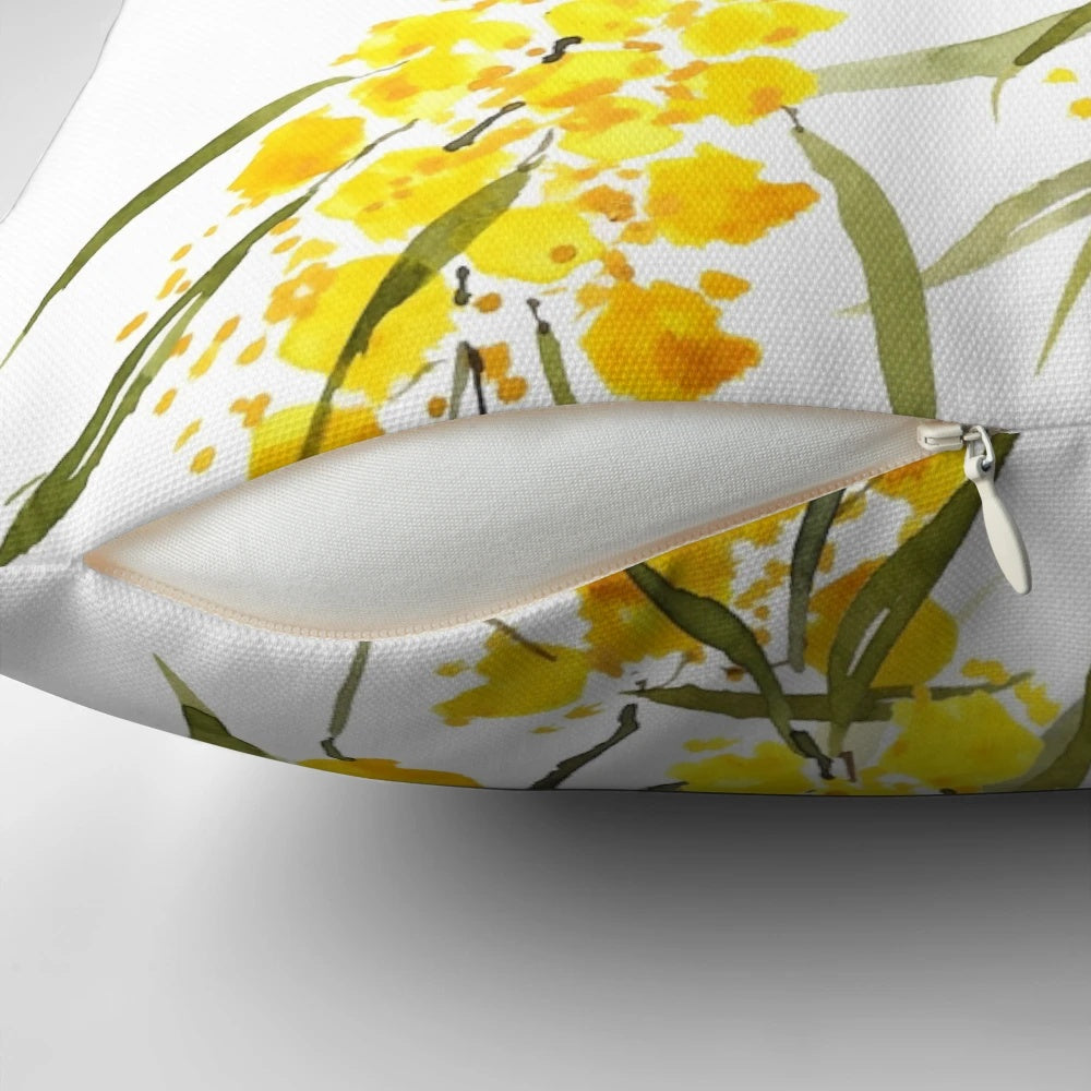 Watercolor painting of a golden wattle flower, a native Australian plant, on a decorative throw pillow.