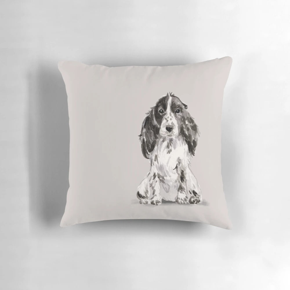 Handpainted watercolor illustration of a cocker spaniel dog on a pillow