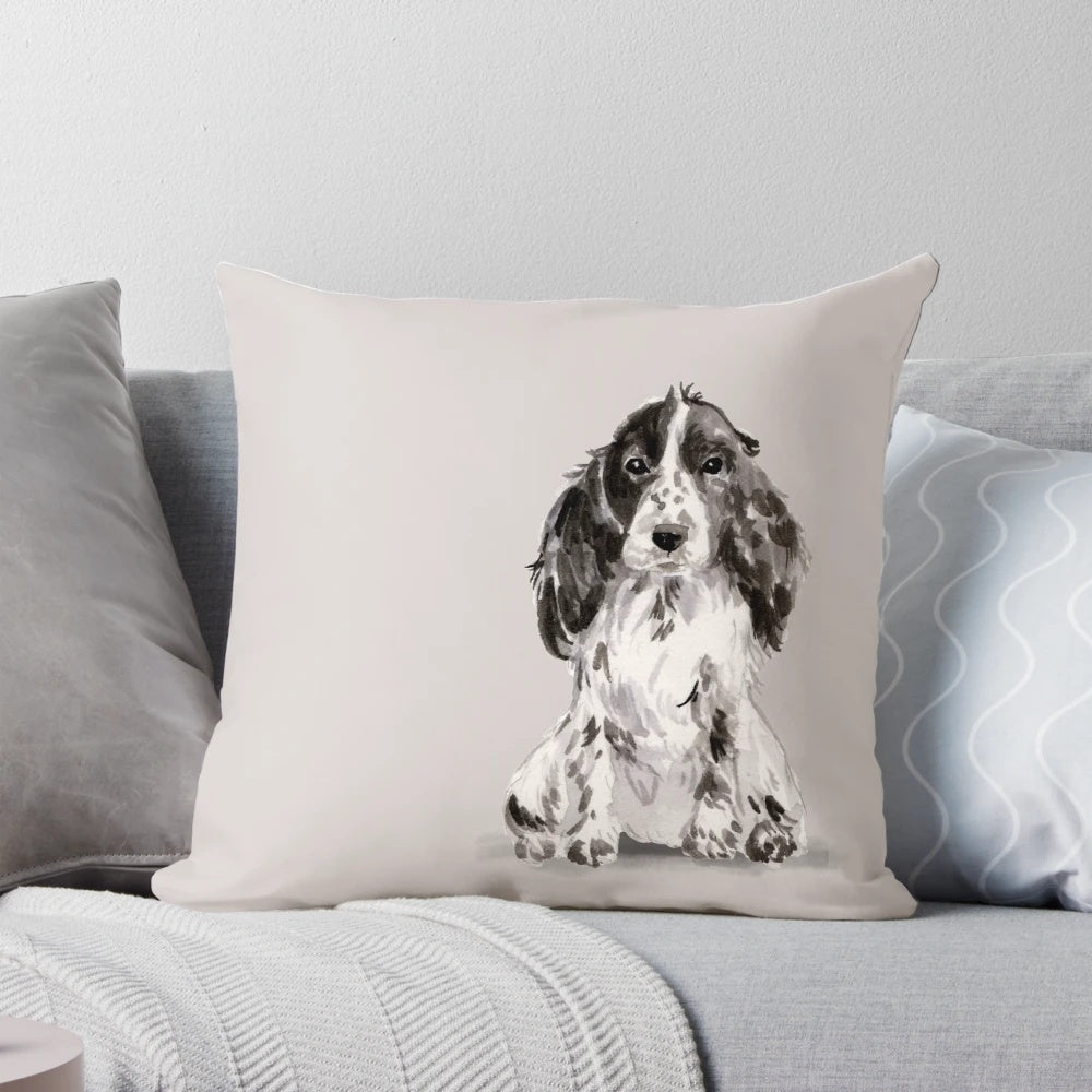 Handpainted watercolor illustration of a cocker spaniel dog on a pillow