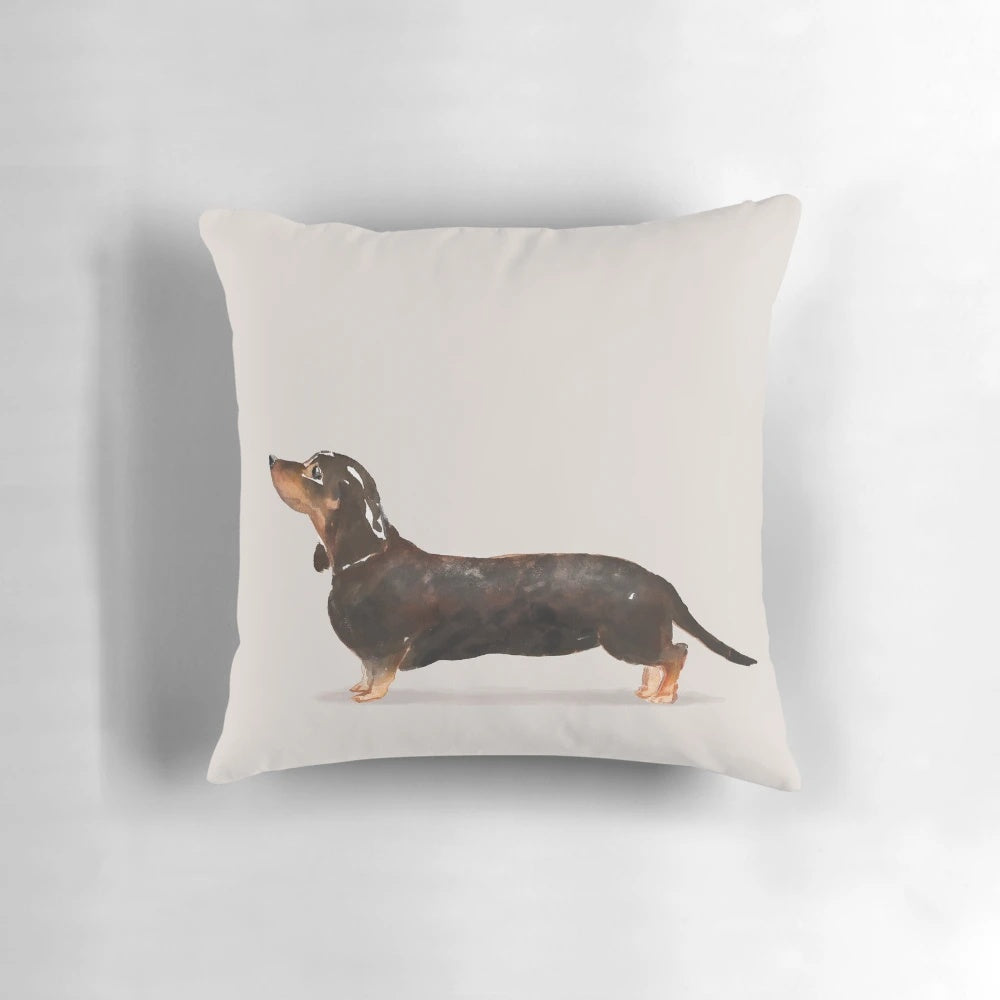 Watercolor illustration of a dachshund dog printed on a decorative pillow