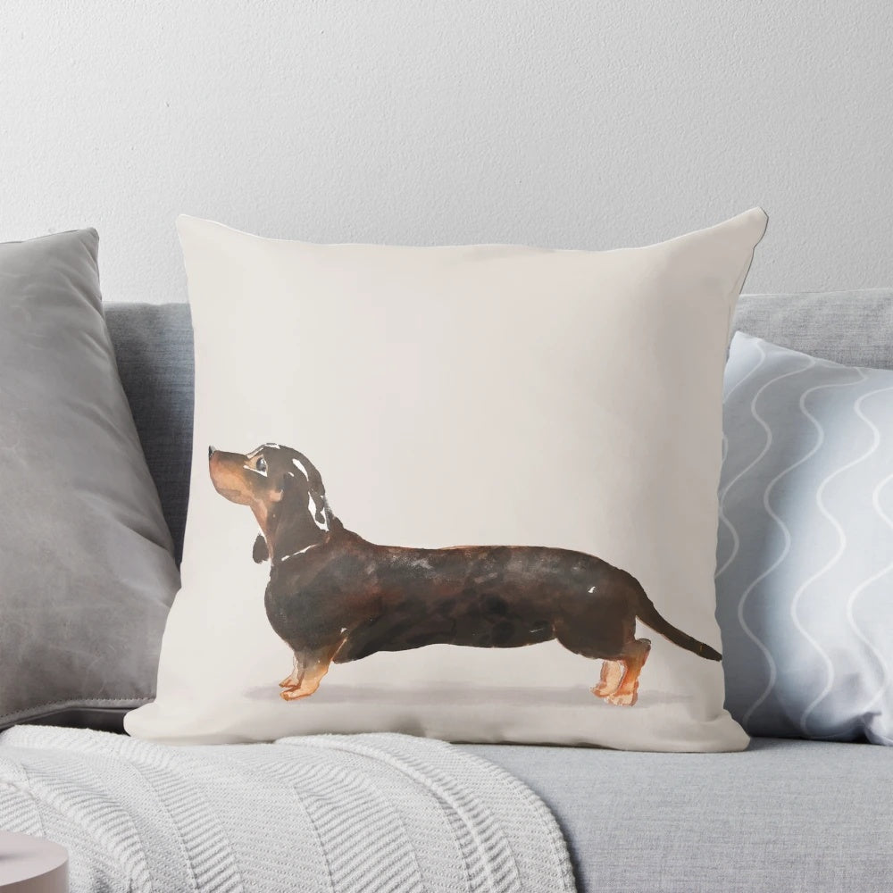 Watercolor illustration of a dachshund dog printed on a decorative pillow