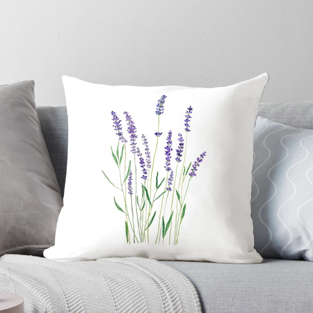 Handpainted lavender and purple floral design on a decorative throw pillow