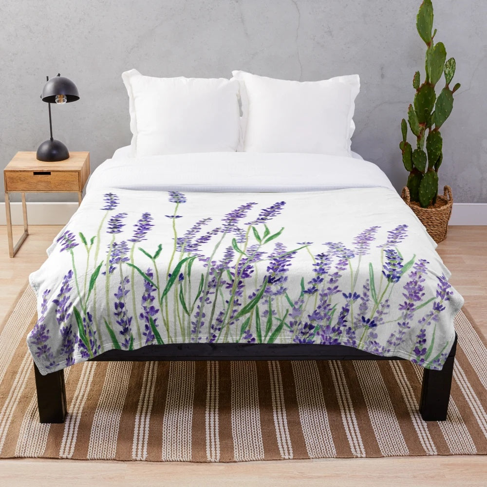 Handpainted lavender plush blanket with floral watercolor design