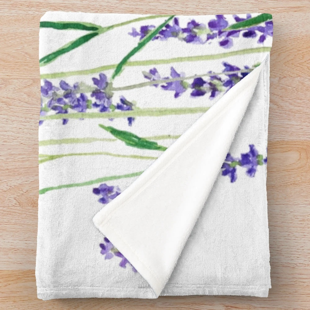 Handpainted lavender plush blanket with floral watercolor design