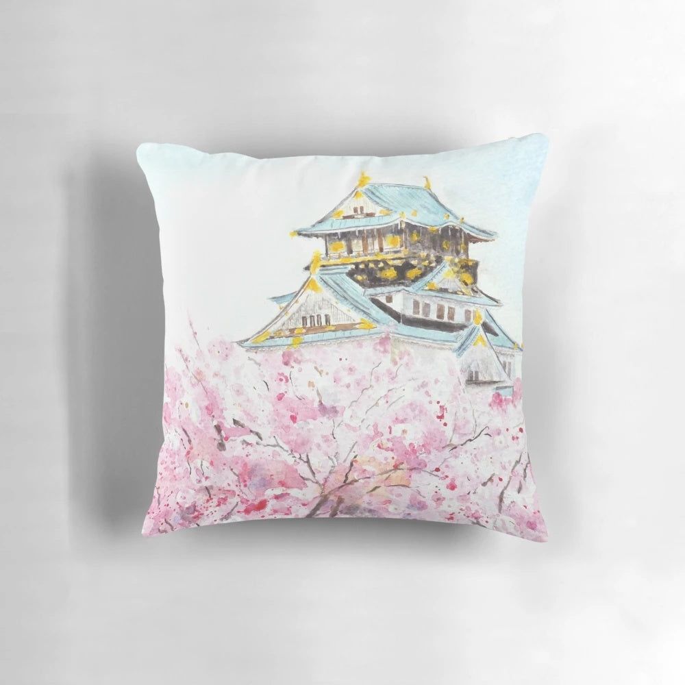 Handpainted Osaka Castle and Sakura Watercolor Painting Pillow featuring a beautiful landscape scene with the iconic Osaka Castle and blooming cherry blossoms.