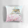 Handpainted Osaka Castle and Sakura Watercolor Painting Pillow featuring a beautiful landscape scene with the iconic Osaka Castle and blooming cherry blossoms.