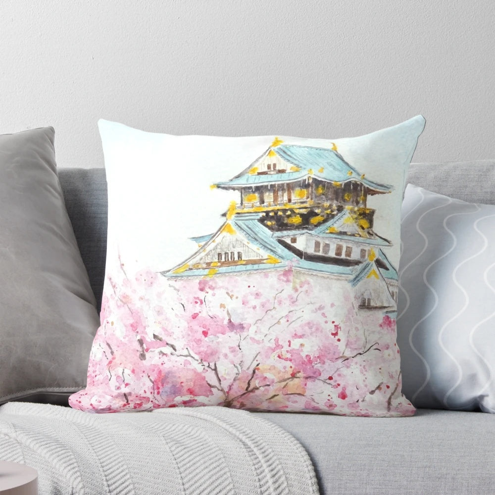 Handpainted Osaka Castle and Sakura Watercolor Painting Pillow featuring a beautiful landscape scene with the iconic Osaka Castle and blooming cherry blossoms.