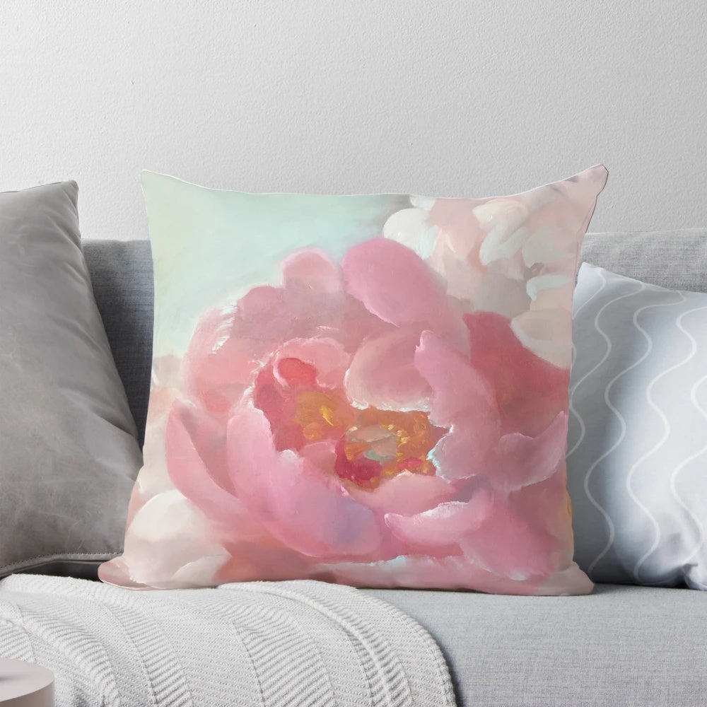 Handpainted peony pillow with vibrant floral artwork