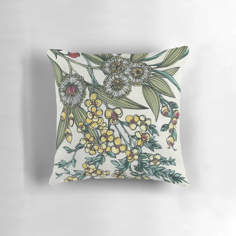 Retro-style handpainted pillow featuring a vibrant array of Australian native flowers and foliage