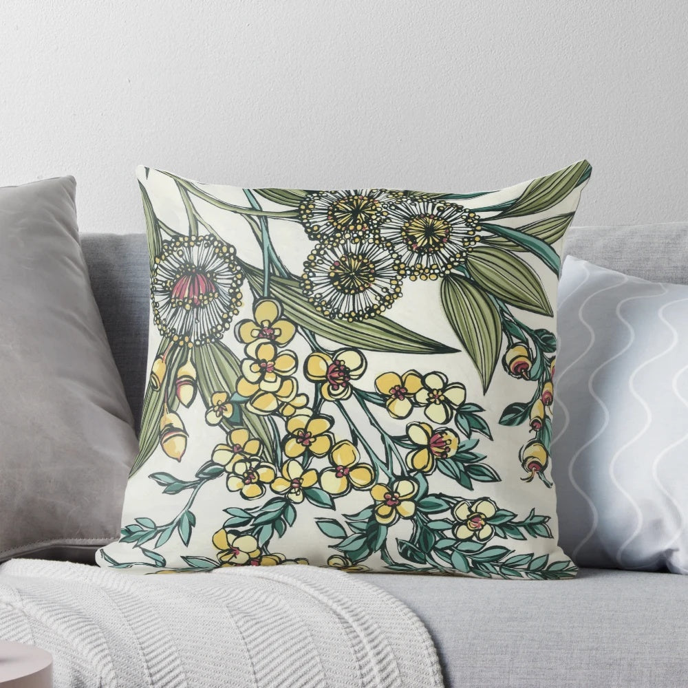 Retro-style handpainted pillow featuring a vibrant array of Australian native flowers and foliage