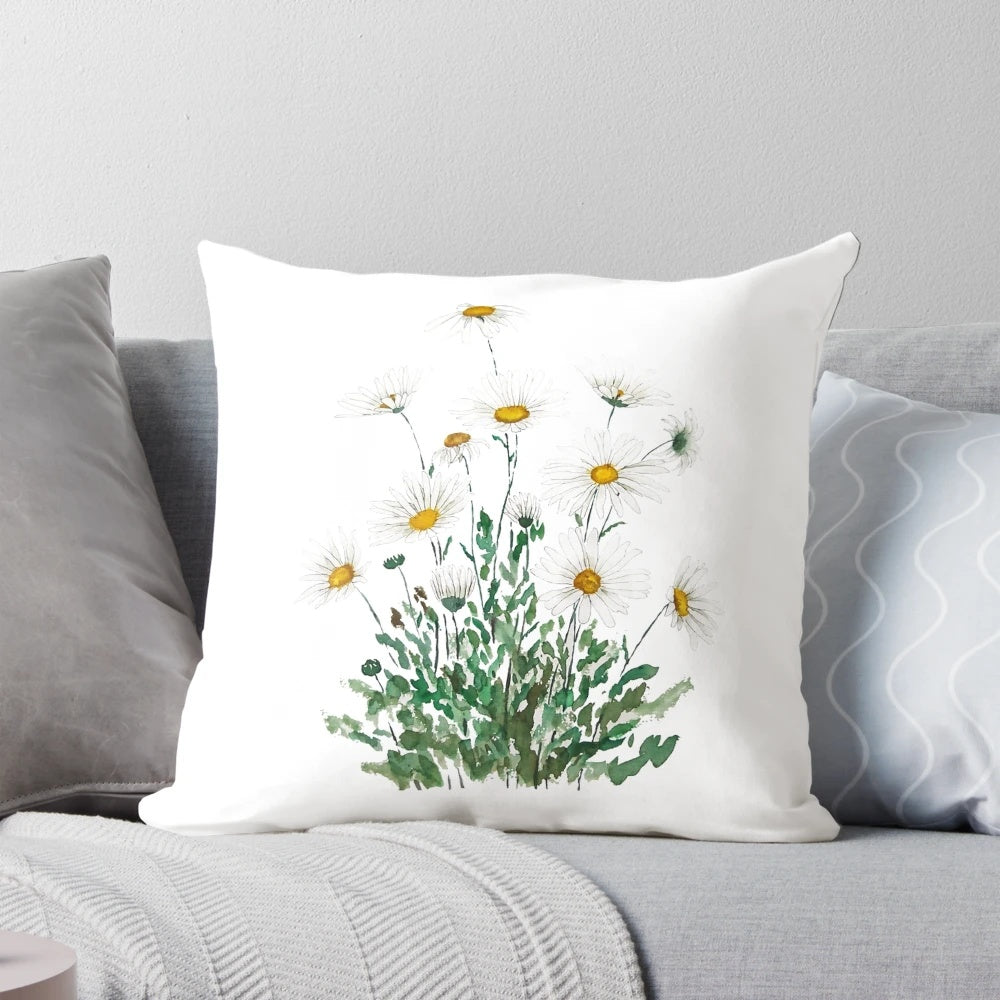A handpainted white margaret daisy watercolor throw pillow, featuring a nature-inspired floral design.