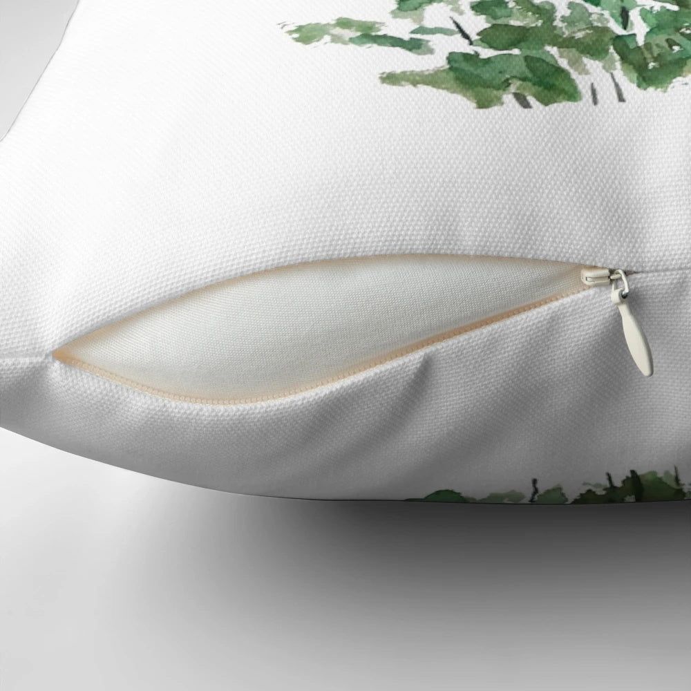 A handpainted white margaret daisy watercolor throw pillow, featuring a nature-inspired floral design.