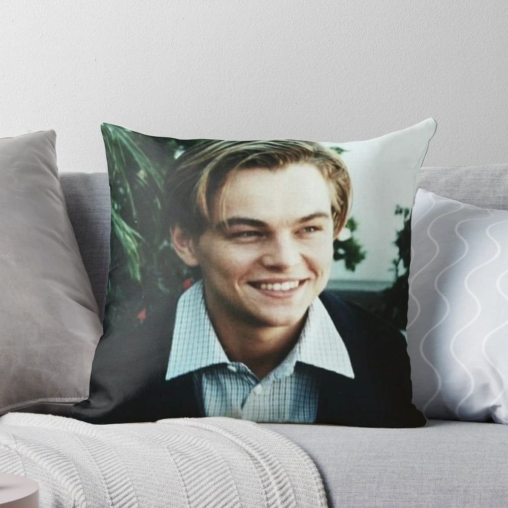 Leonardo DiCaprio inspired decorative pillow with blue eyes and young, handsome features