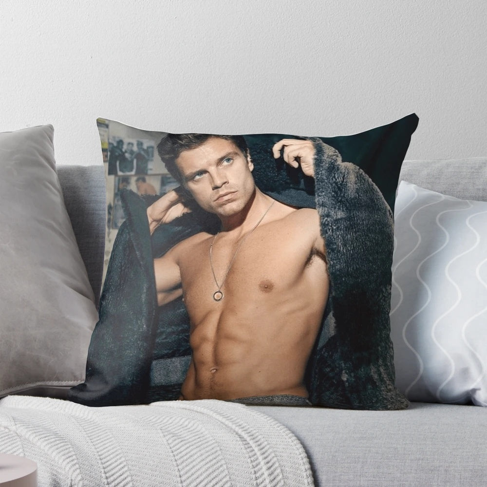 Stylish photo collage pillow featuring the handsome actor Sebastian Stan