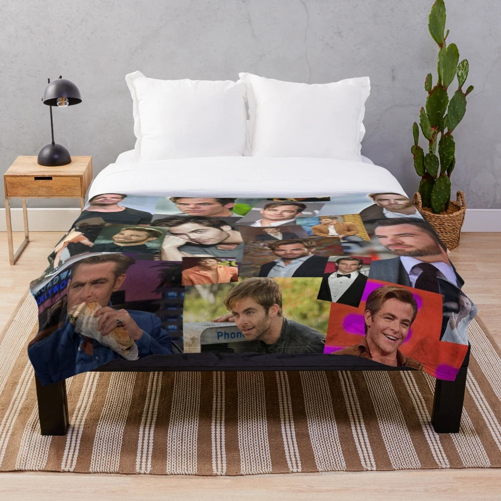 Collage of actor Chris Pine printed on a soft, plush blanket