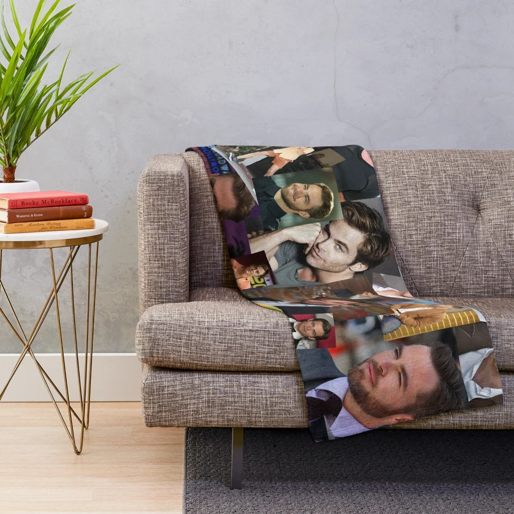 Collage of actor Chris Pine printed on a soft, plush blanket