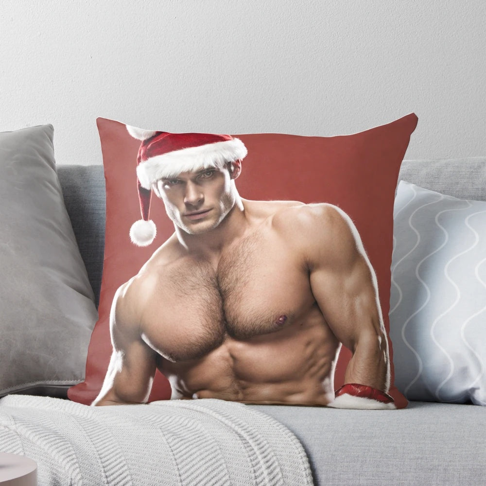 Henry Cavill in a Santa hat printed on a soft, plush pillow.
