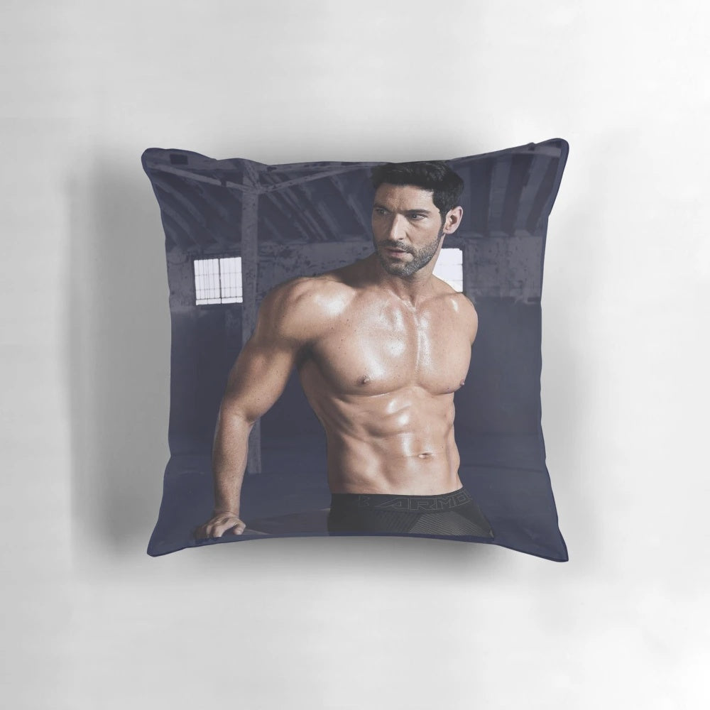 Decorative pillow featuring the handsome actor Tom Ellis, known for his role as Lucifer in the popular TV series.