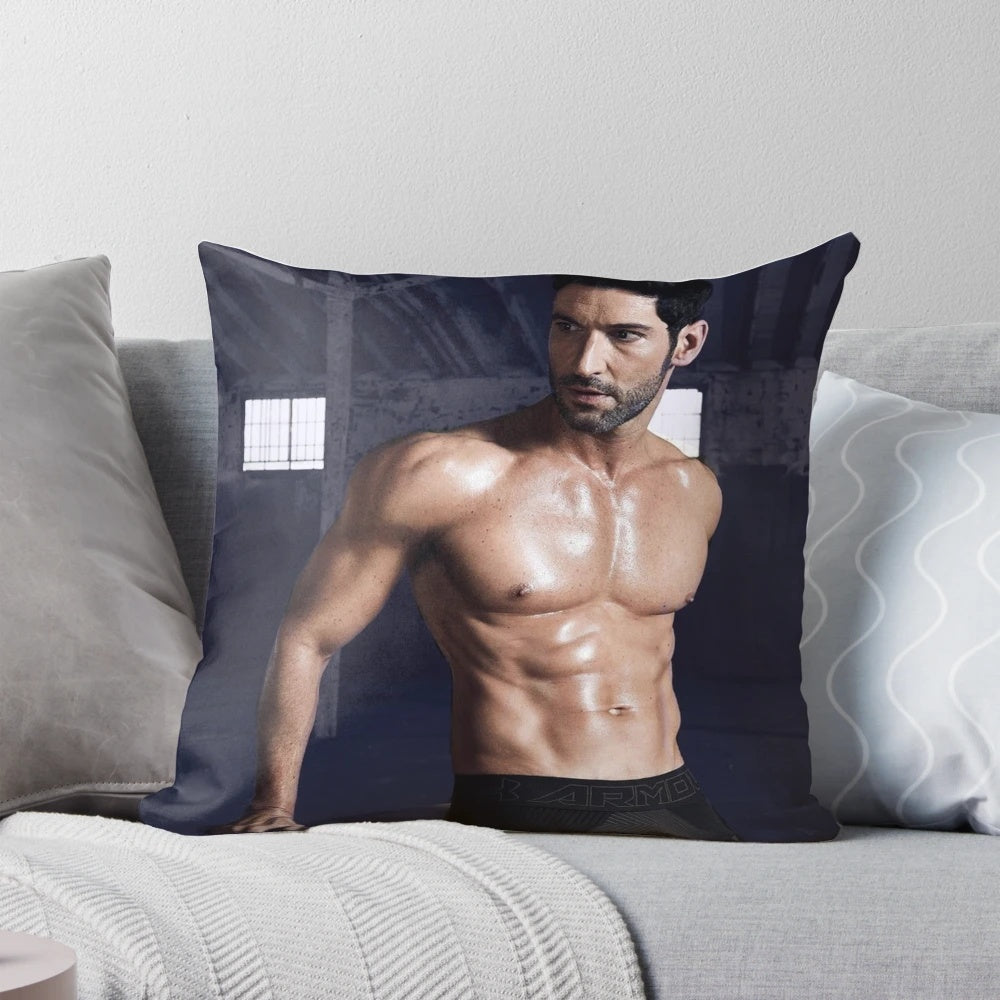 Decorative pillow featuring the handsome actor Tom Ellis, known for his role as Lucifer in the popular TV series.