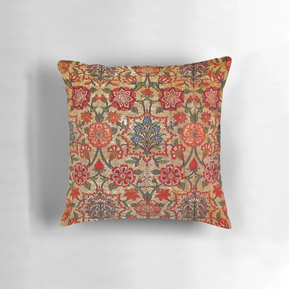 Handwoven vintage Turkish tapestry pillow with intricate floral design