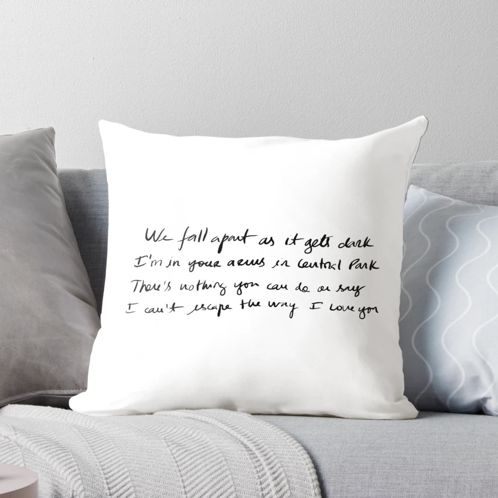 Cozy pillow featuring the handwritten lyrics to Billie Eilish's "I Love You"