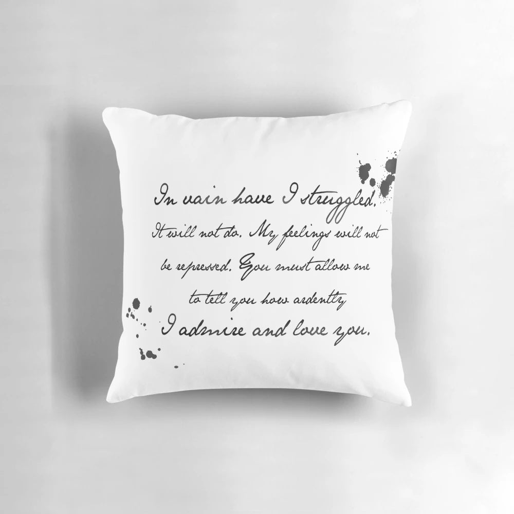 Decorative pillow featuring a handwritten quote from the classic novel "Pride and Prejudice" by Jane Austen.