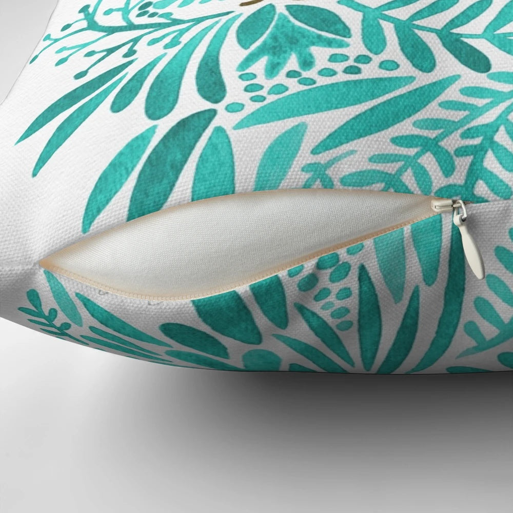 Turquoise and gold throw pillow with handwritten "That's Life" quote and floral design