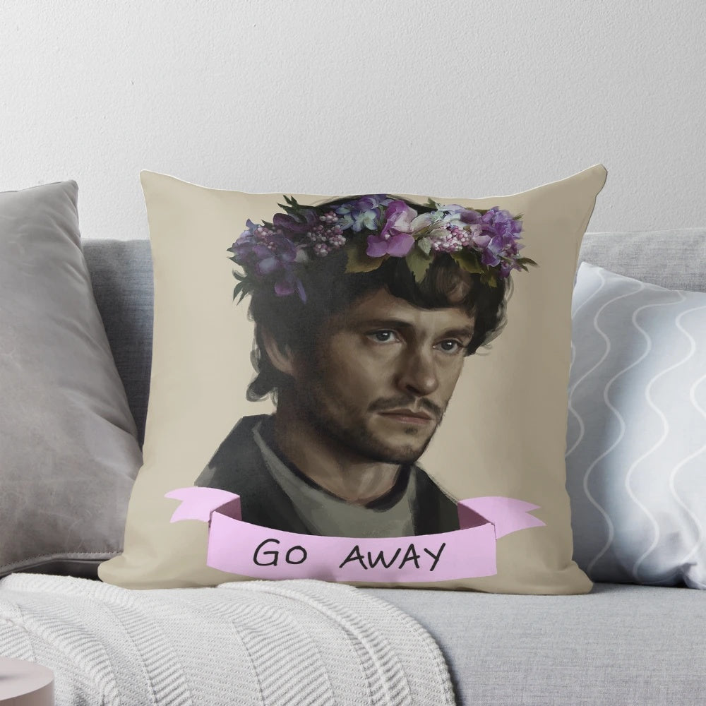 Hannibal 'Go Away' themed decorative throw pillow with flower crown design for fans of the Hannibal TV series