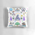 Colorful and whimsical Happiest Place on Earth Collection pillow featuring iconic Disney attractions like It's a Small World, Haunted Mansion, and Princess Castle.