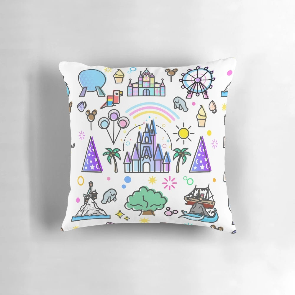 Colorful and whimsical Happiest Place on Earth Collection pillow featuring iconic Disney attractions like It's a Small World, Haunted Mansion, and Princess Castle.